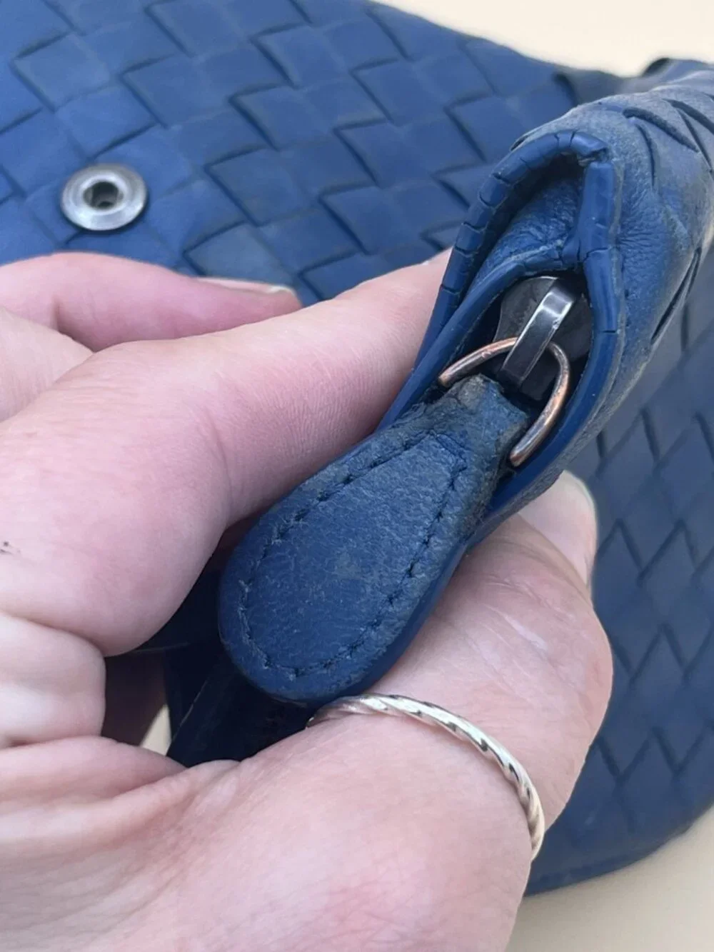 Bottega Veneta Blue Leather Woven Wallet With Snap & Zip Closures Made In Italy